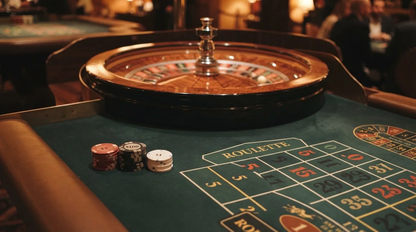 Roda de roleta e fichas sobre feltro verde, sob uma luz quente de fim de tarde — como jogar em casino pt