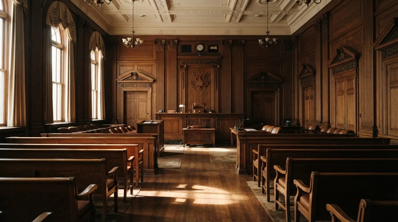 Sala de tribunal vazia com painéis de madeira, à luz da manhã — estratégia de blackjack para portugueses