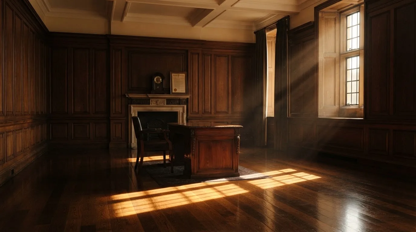 Sala de tribunal vazia com painéis de madeira, à luz da manhã — estratégia de roleta para portugueses