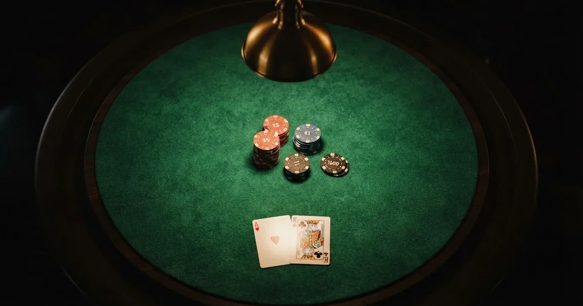Mesa de jogo iluminada com cartas, vista de cima — estratégia de roleta para portugueses