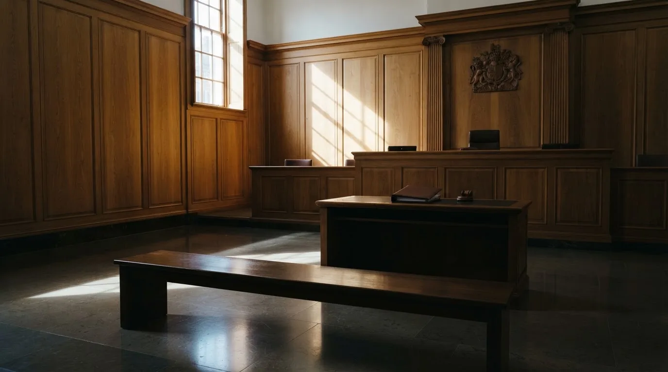 Sala de tribunal vazia com painéis de madeira, à luz da manhã — guias de casino para os portugueses