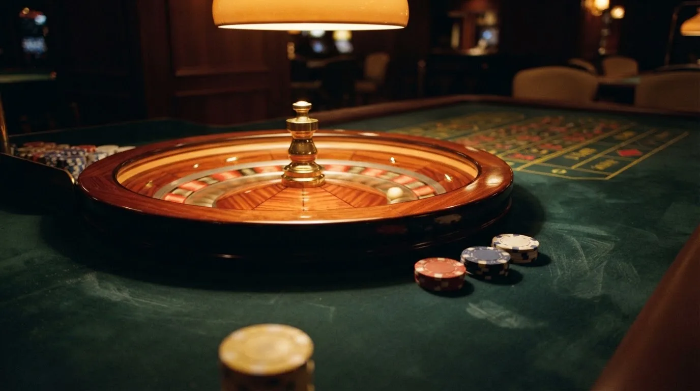 Roda de roleta e fichas sobre feltro verde, sob uma luz quente de fim de tarde — guias de casino para os portugueses