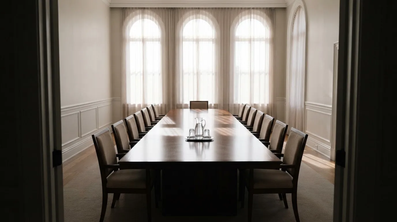 Sala de reuniões de um organismo público com mesa comprida, cadeiras alinhadas e janelas altas, sem pessoas, luz de manhã.