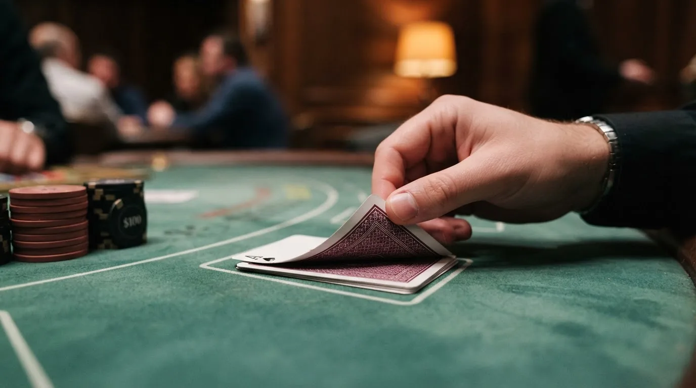 Mãos a espreitar duas cartas viradas para baixo numa mesa de feltro verde, com pilhas de fichas desfocadas ao lado.