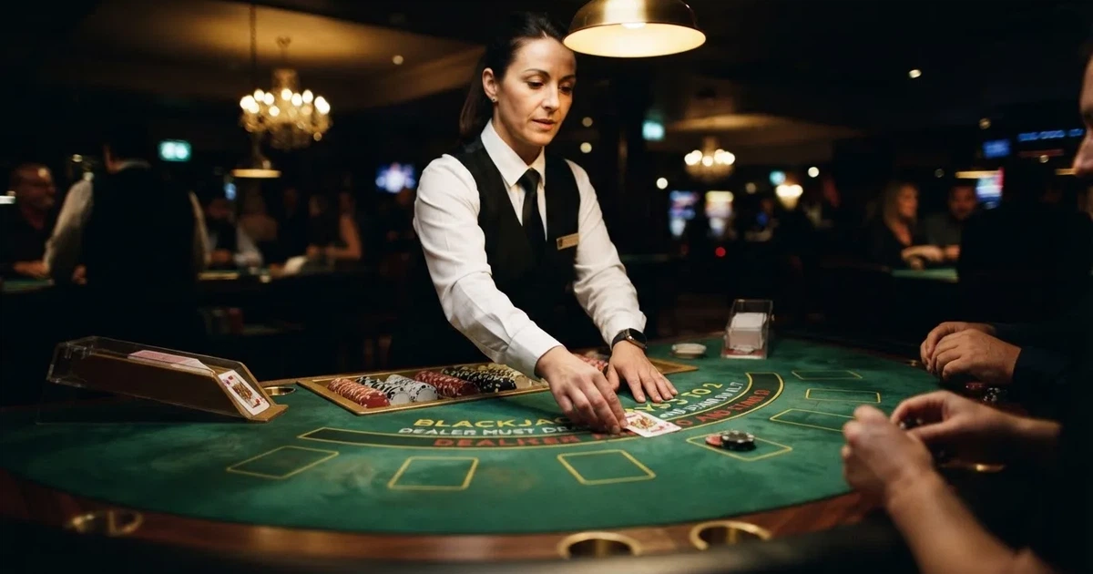 Croupier de colete preto a distribuir cartas numa mesa de blackjack semicircular, feltro verde, fichas empilhadas e iluminação baixa.
