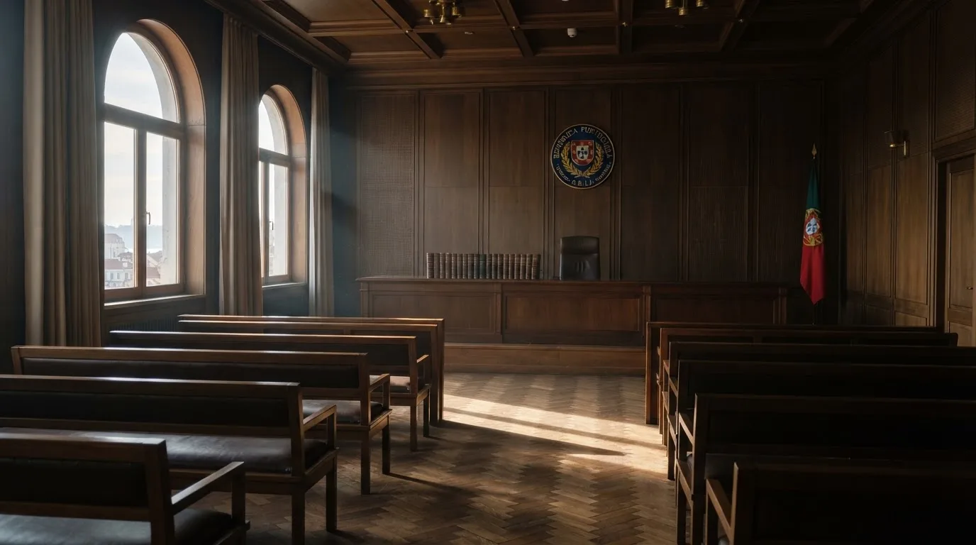 Sala de tribunal vazia com painéis de madeira, à luz da manhã — jogar no casino em portugal