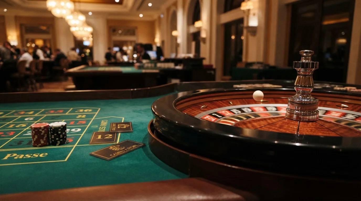 Roda de roleta e fichas sobre feltro verde, sob uma luz quente de fim de tarde — jogar no casino em portugal