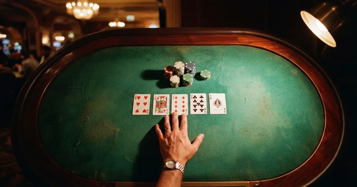 Mesa de jogo iluminada com cartas, vista de cima — jogar no casino em portugal