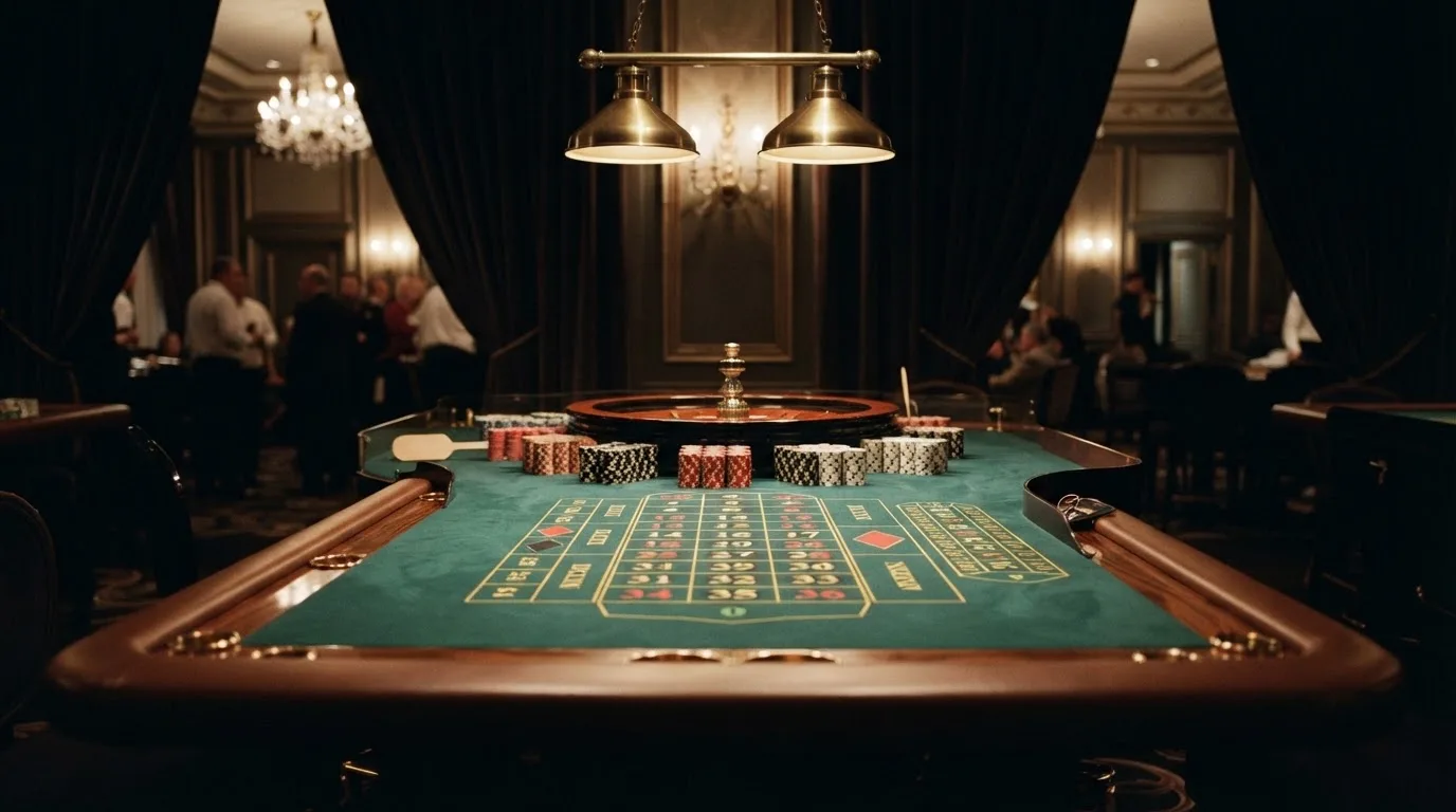 Mesa de roleta vazia numa sala de casino elegante, com tapete verde, fichas empilhadas e candeeiros pendentes por cima da roda.