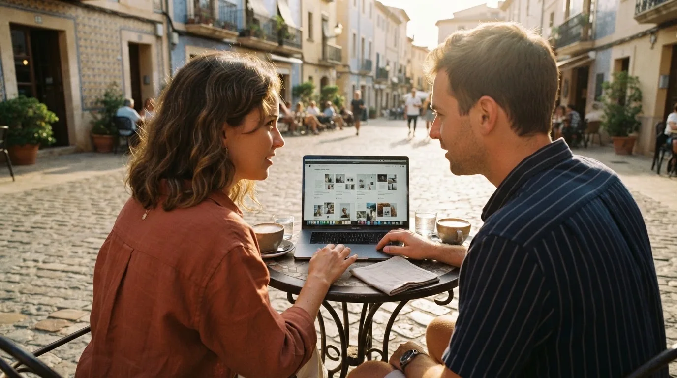 Duas pessoas à mesa de um café a comparar opções num computador portátil, com expressão concentrada e luz suave de fim de tarde.