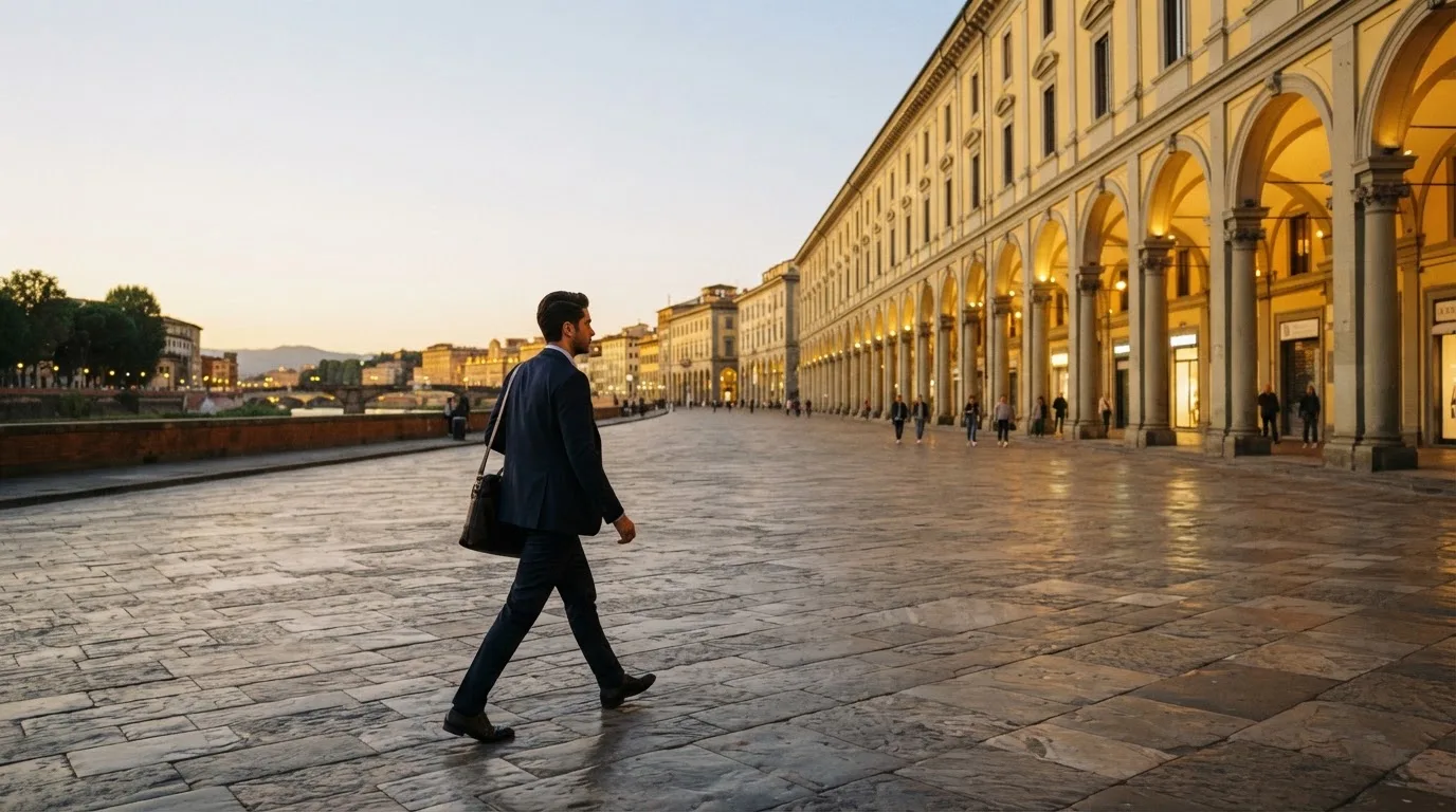 Homem de fato a atravessar a Praça do Comércio em Lisboa ao fim da tarde, com arcadas amarelas e céu limpo ao fundo.