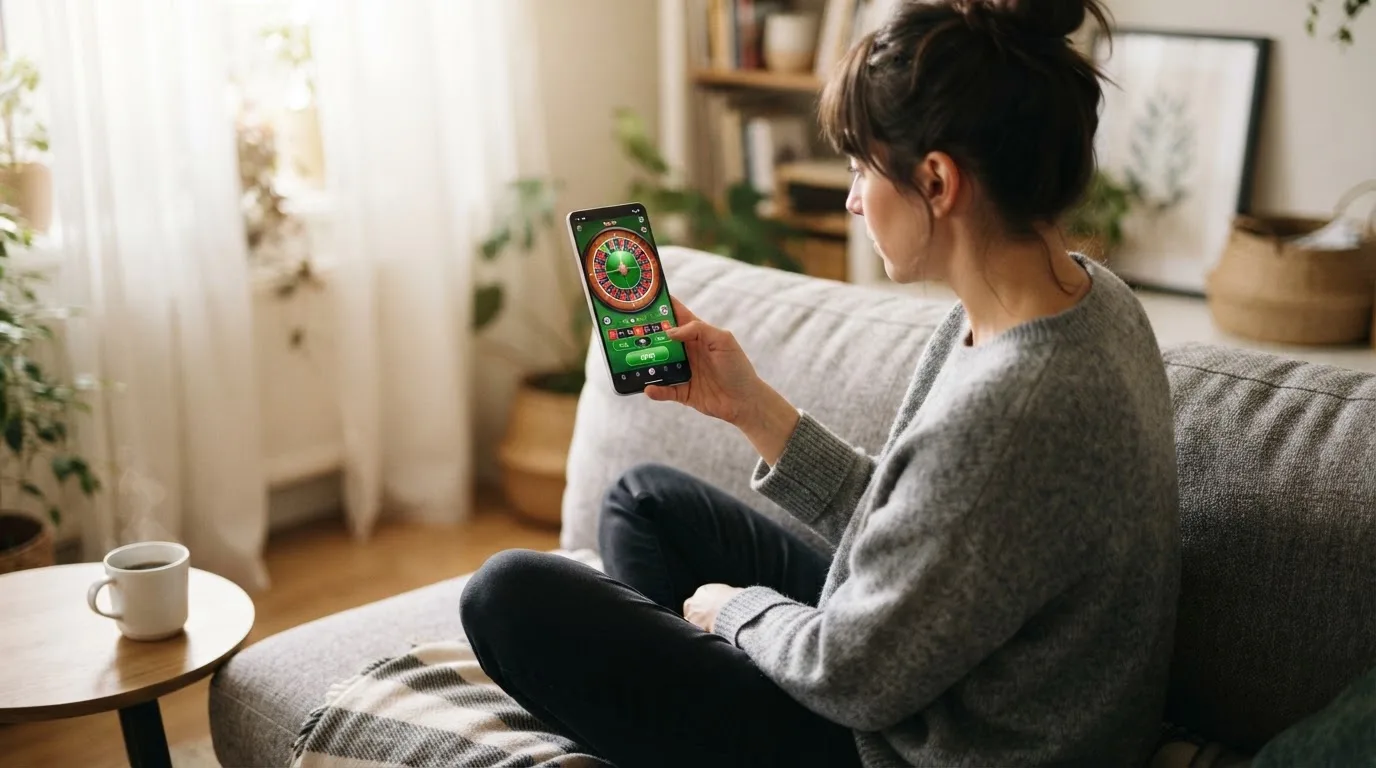 Mulher sentada num sofá a jogar roleta no telemóvel, com uma chávena de café na mesa e luz natural a entrar pela janela.