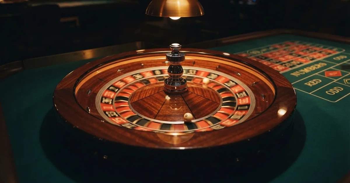 Grande plano de uma roda de roleta a girar, com a bola branca a saltar entre as casas vermelhas e pretas sob luz quente.