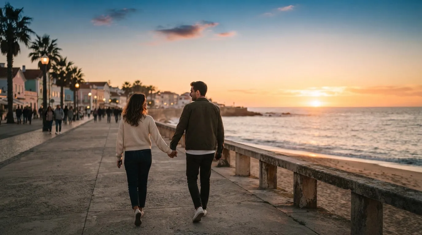 Casal jovem a passear no passeio marítimo de uma praia portuguesa ao pôr do sol, descontraído, com os telemóveis guardados nos bolsos.