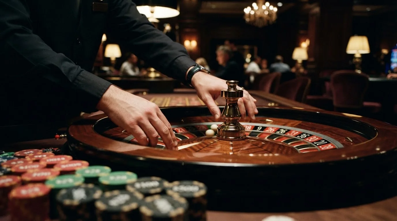 Croupier de mãos cuidadas a lançar a bola numa roleta, com fichas coloridas em primeiro plano desfocado e fundo de sala escura.