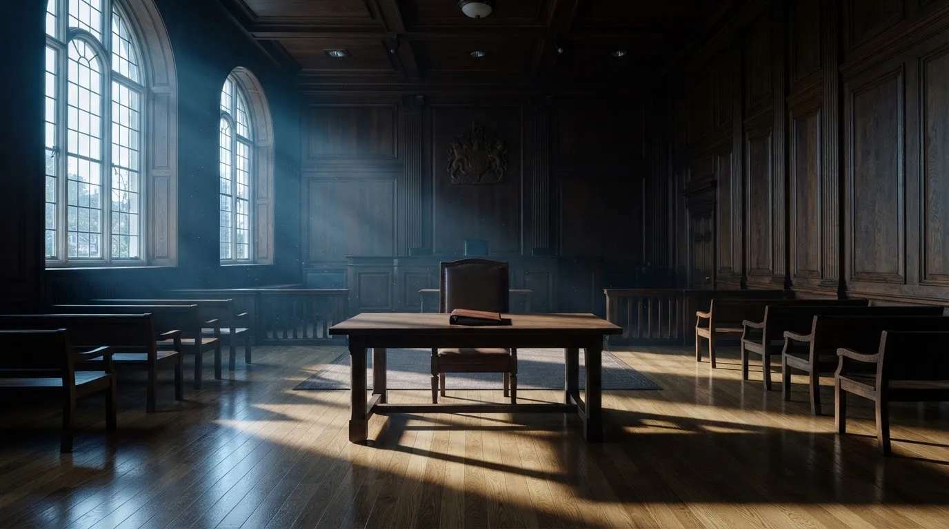 Sala de tribunal vazia com painéis de madeira, à luz da manhã — jogo de craps em portugal