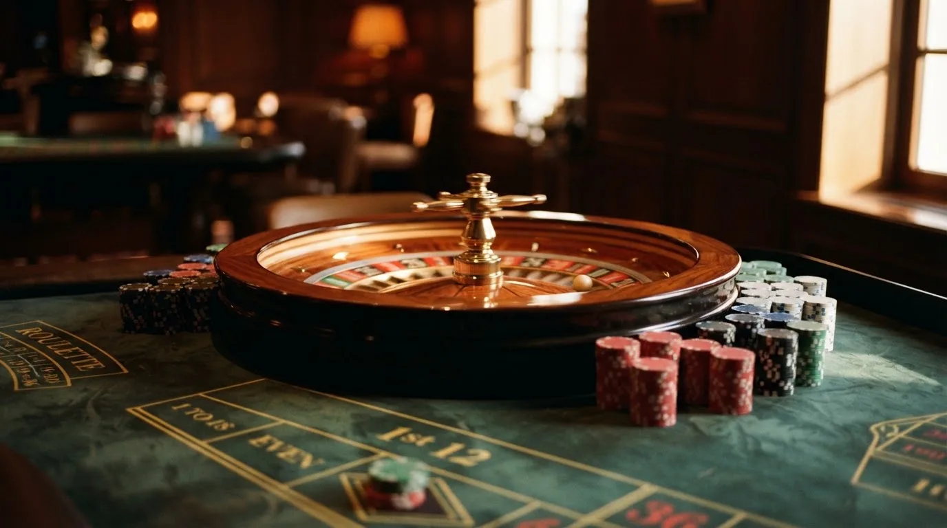 Roda de roleta e fichas sobre feltro verde, sob uma luz quente de fim de tarde — jogo de craps em portugal