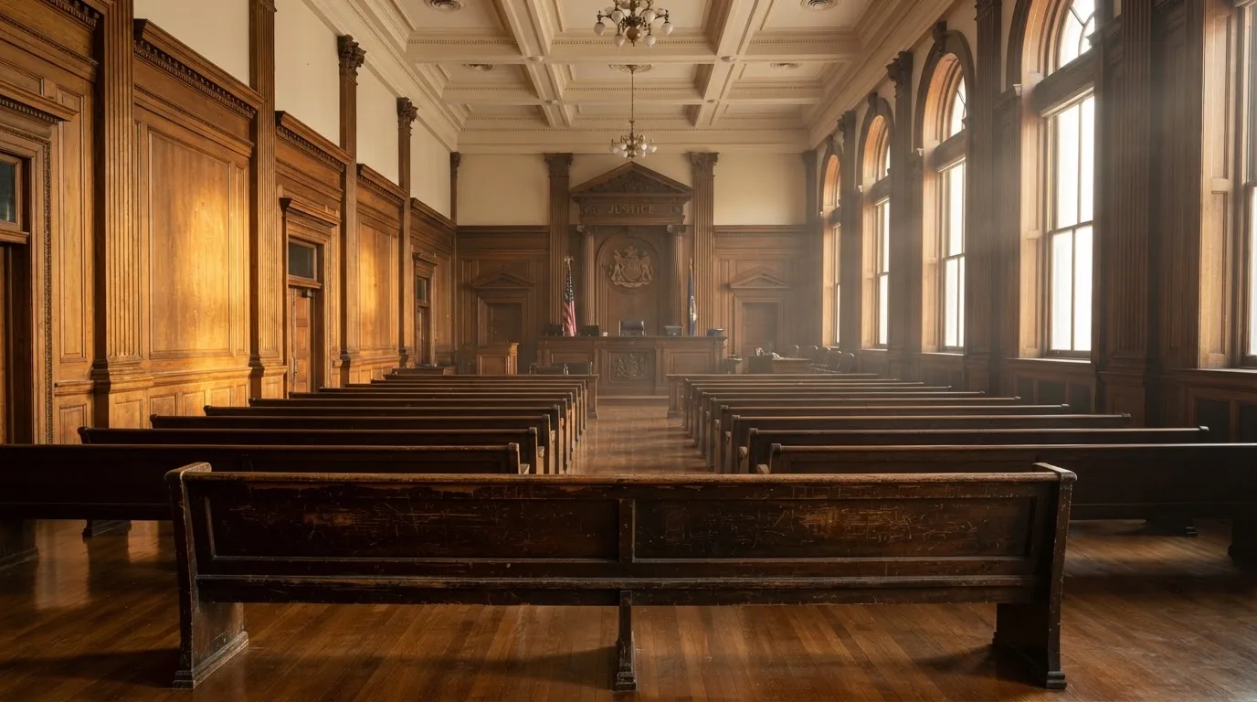 Sala de tribunal vazia com painéis de madeira, à luz da manhã — jogos de caça-níqueis em portugal