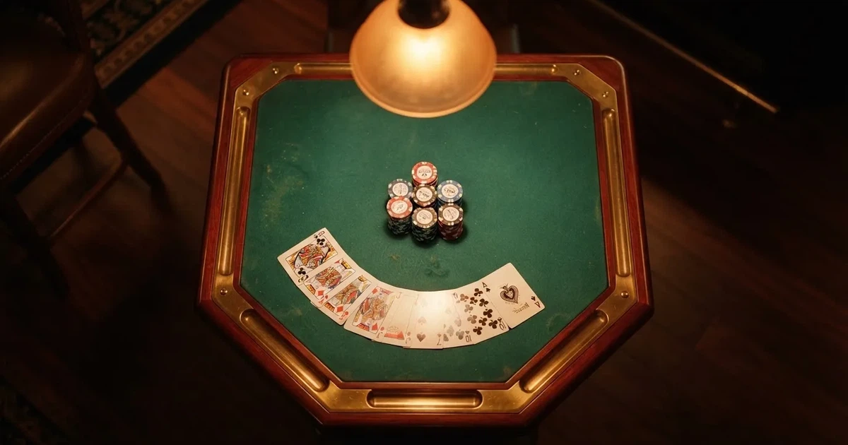 Mesa de jogo iluminada com cartas, vista de cima — jogos de caça-níqueis em portugal