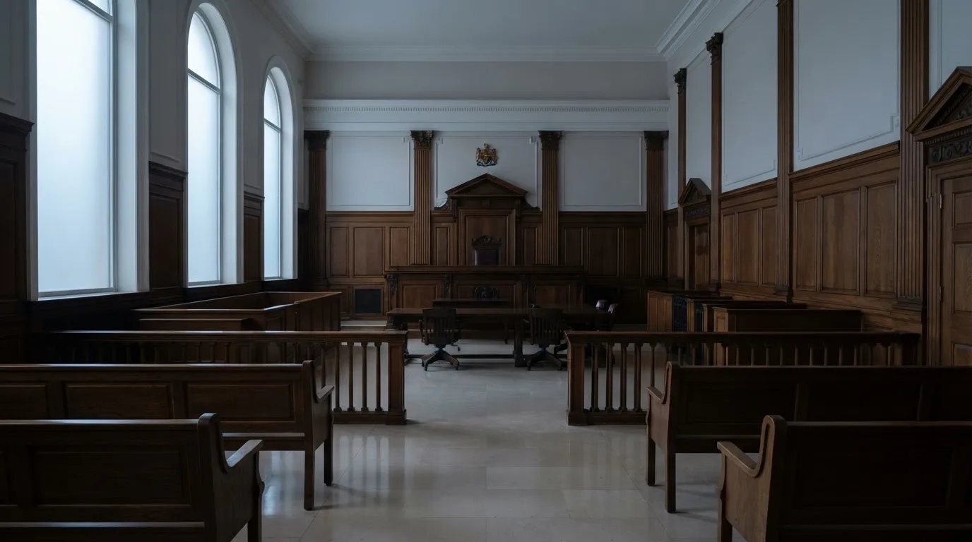 Sala de tribunal vazia com painéis de madeira, à luz da manhã — jogos de casino em portugal