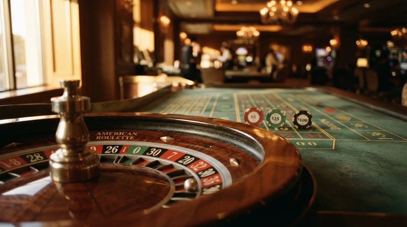 Roda de roleta e fichas sobre feltro verde, sob uma luz quente de fim de tarde — jogos de casino em portugal