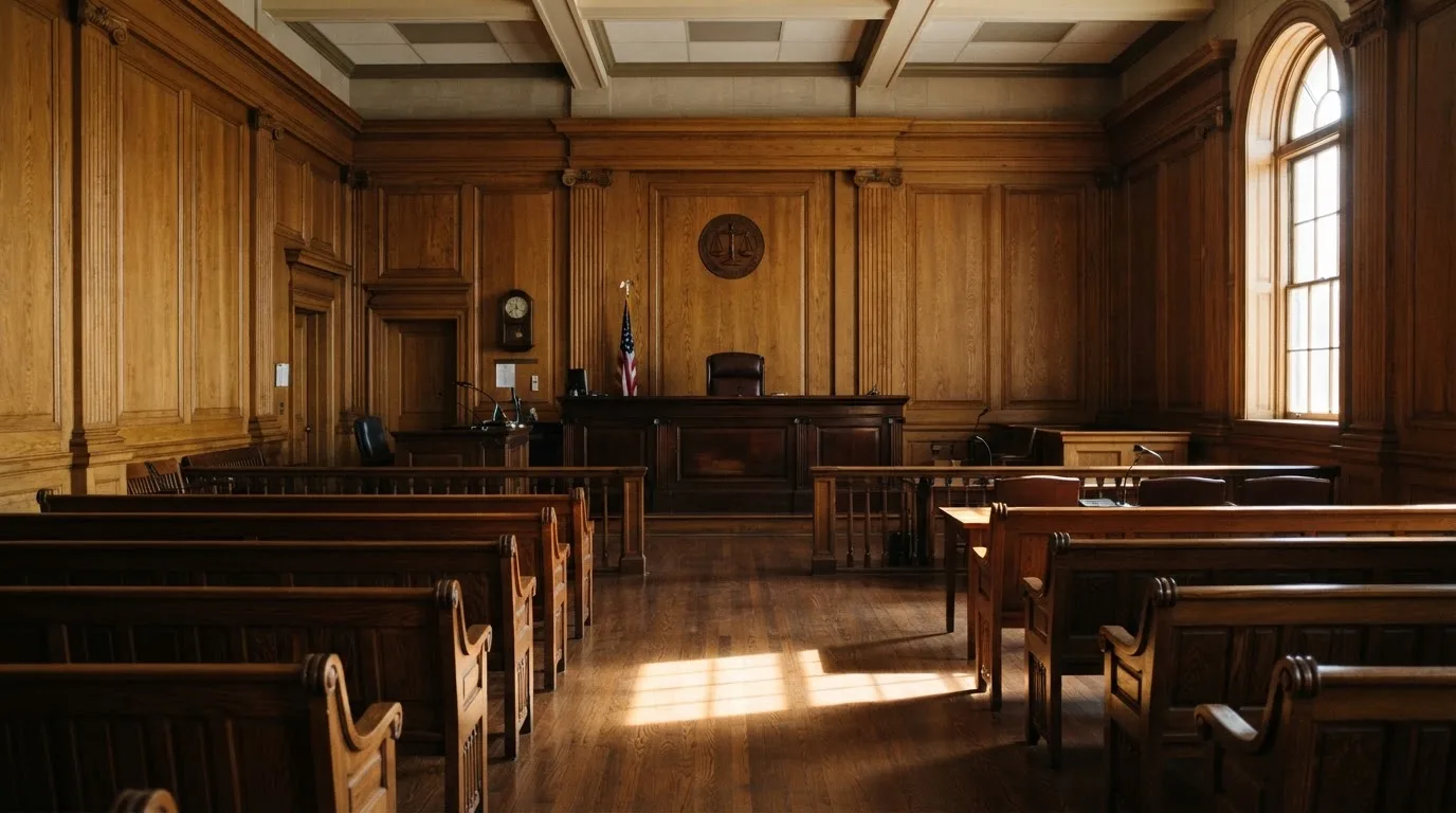Sala de tribunal vazia com painéis de madeira, à luz da manhã — jogos de casino grátis pt