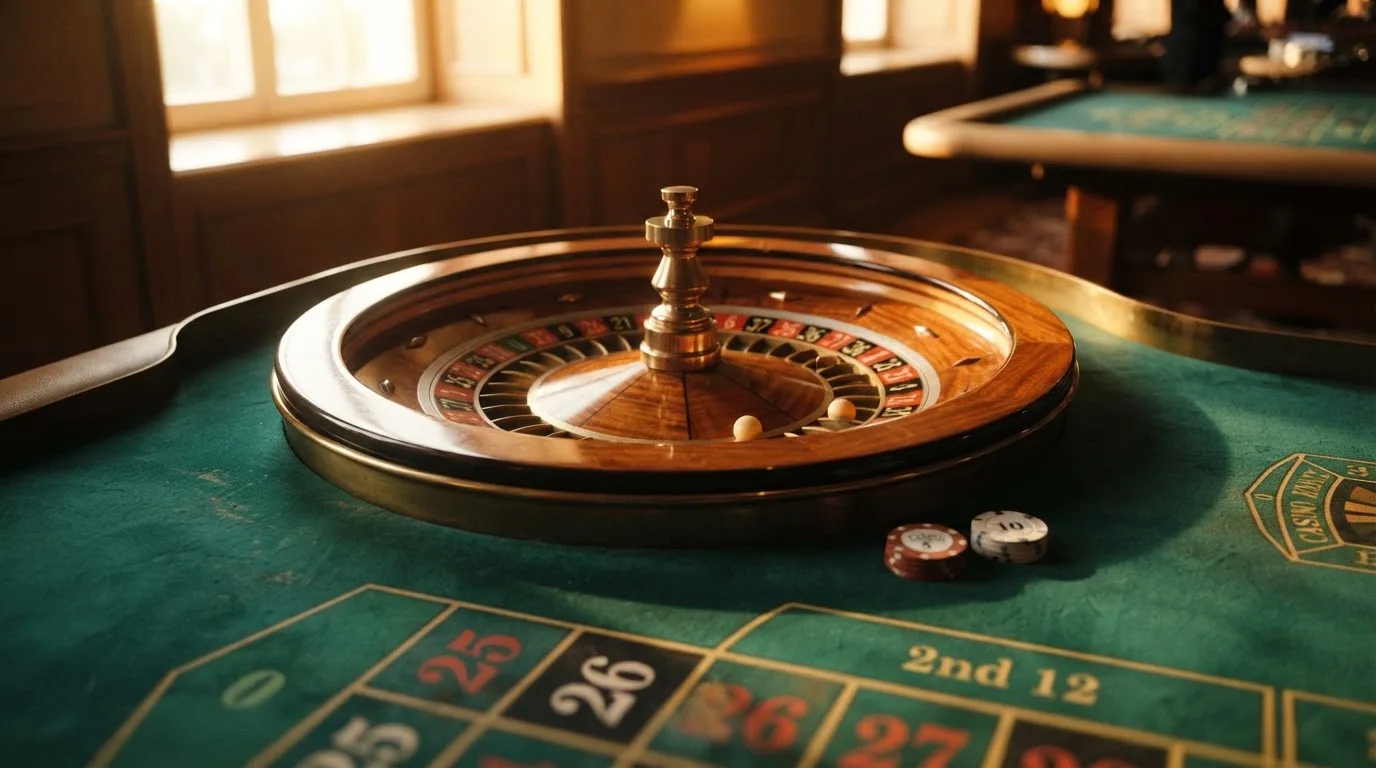 Roda de roleta e fichas sobre feltro verde, sob uma luz quente de fim de tarde — jogos de casino grátis pt