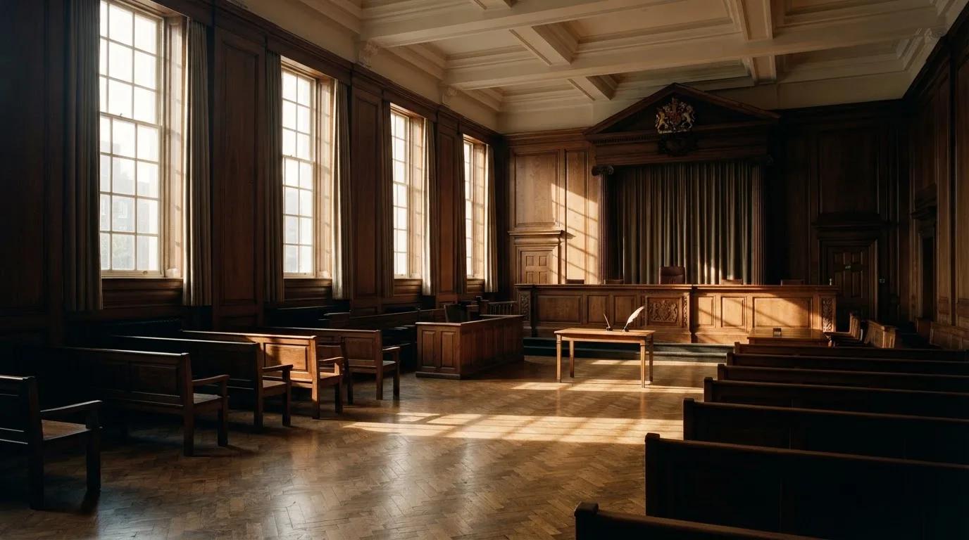 Sala de tribunal vazia com painéis de madeira, à luz da manhã — jogos de casino online pt