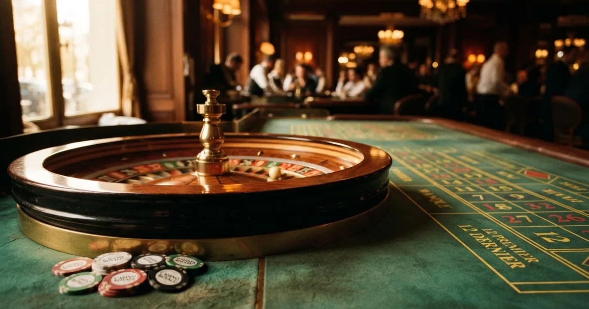 Roda de roleta e fichas sobre feltro verde, sob uma luz quente de fim de tarde — jogos de casino online pt