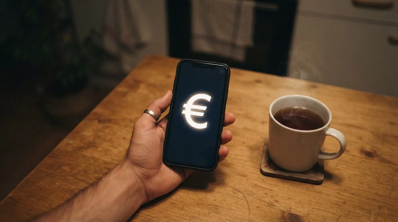 Mão a segurar um telemóvel ao lado de uma chávena de chá numa mesa de cozinha, numa noite tranquila — jogos de cassino em portugal