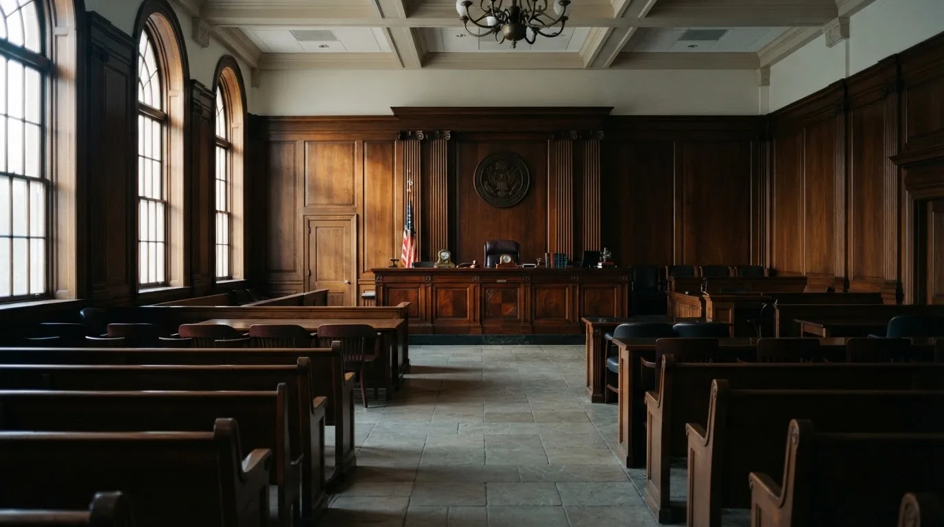 Sala de tribunal vazia com painéis de madeira, à luz da manhã — jogos de cassino em portugal