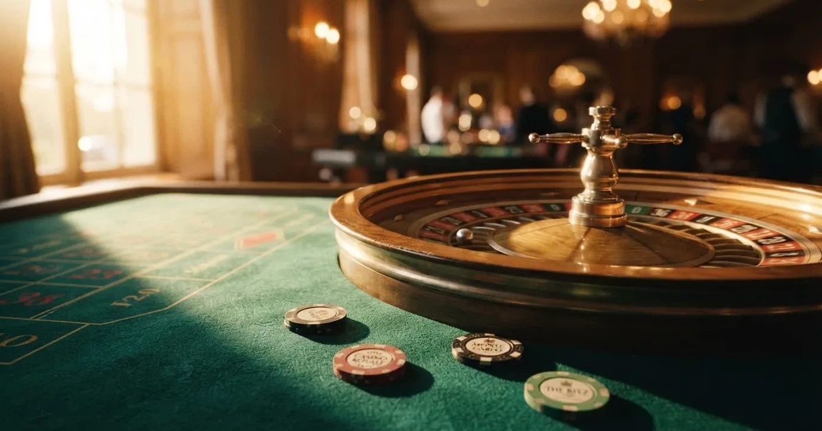 Roda de roleta e fichas sobre feltro verde, sob uma luz quente de fim de tarde — jogos de cassino em portugal