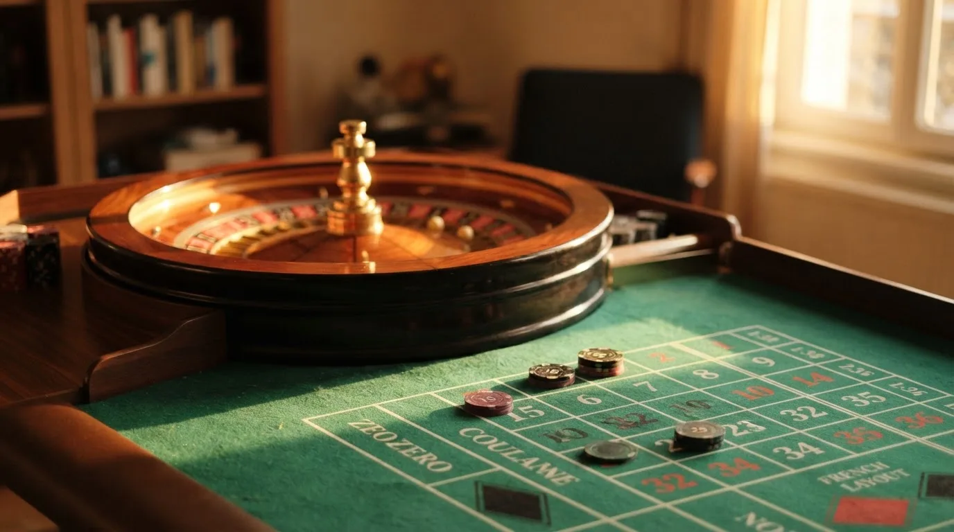 Roda de roleta e fichas sobre feltro verde, sob uma luz quente de fim de tarde — jogos de roleta em casino pt
