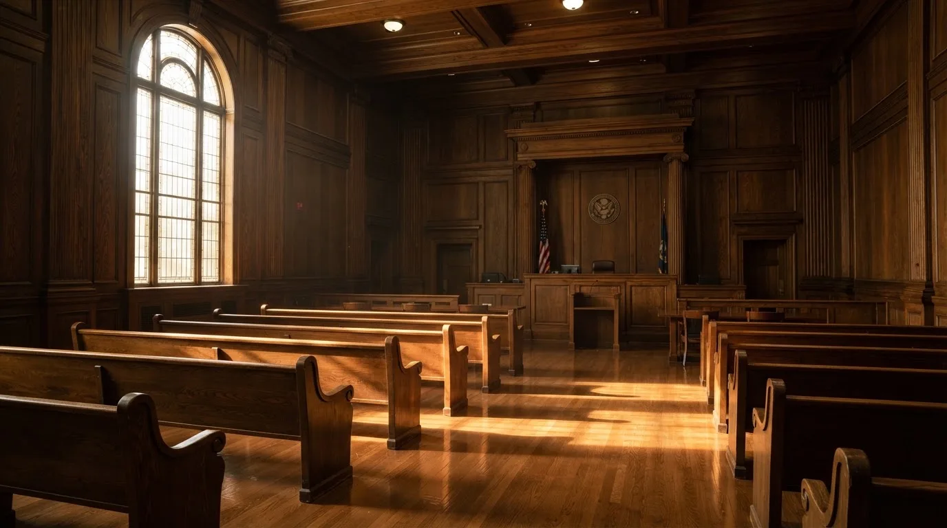 Sala de tribunal vazia com painéis de madeira, à luz da manhã — jogos de slots em portugal