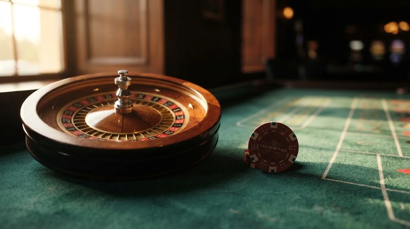 Roda de roleta e fichas sobre feltro verde, sob uma luz quente de fim de tarde — jogos de slots em portugal
