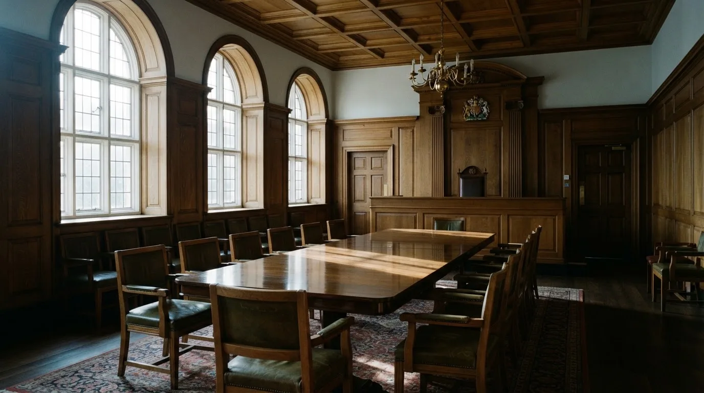 Sala de tribunal vazia com painéis de madeira, à luz da manhã — keno em cassino pt