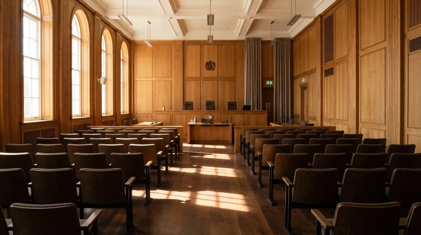 Sala de tribunal vazia com painéis de madeira, à luz da manhã — live casinos em portugal