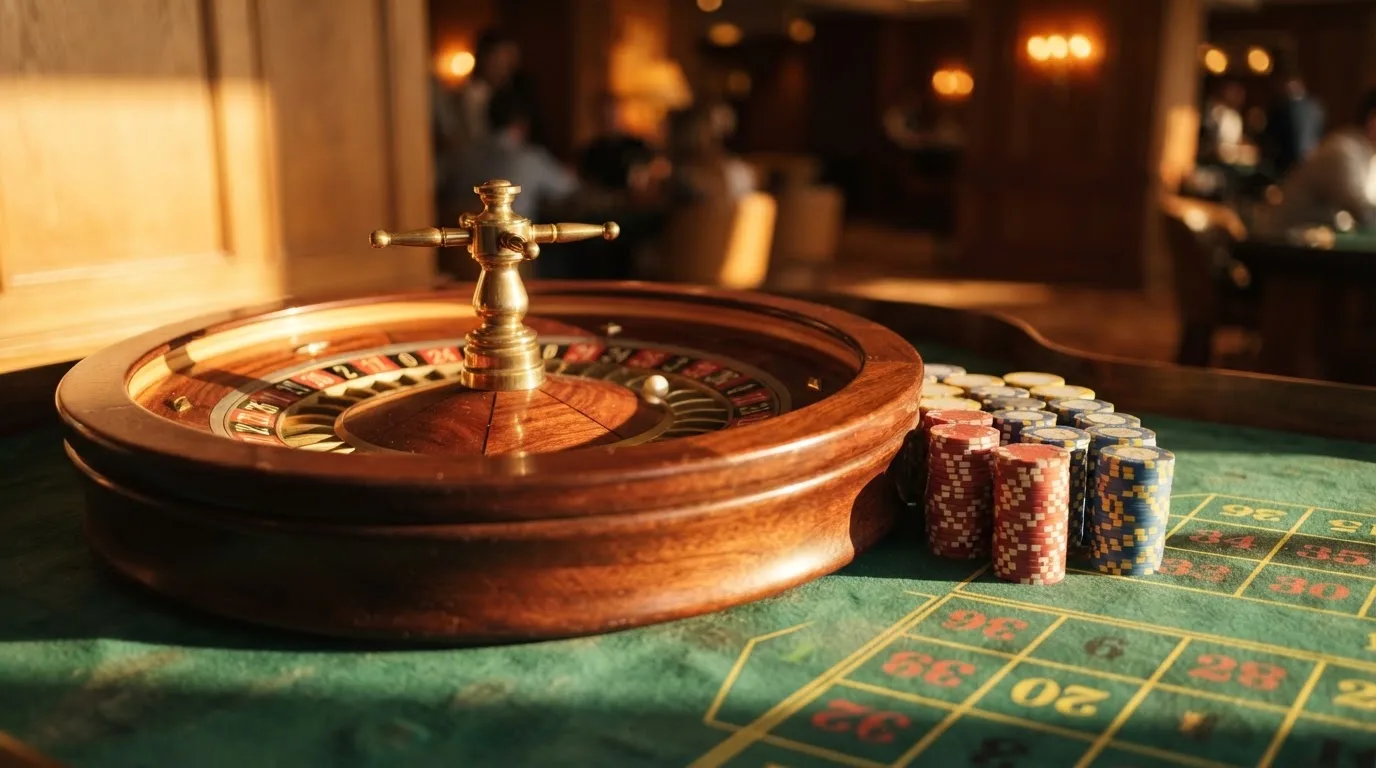 Roda de roleta e fichas sobre feltro verde, sob uma luz quente de fim de tarde — live casinos em portugal