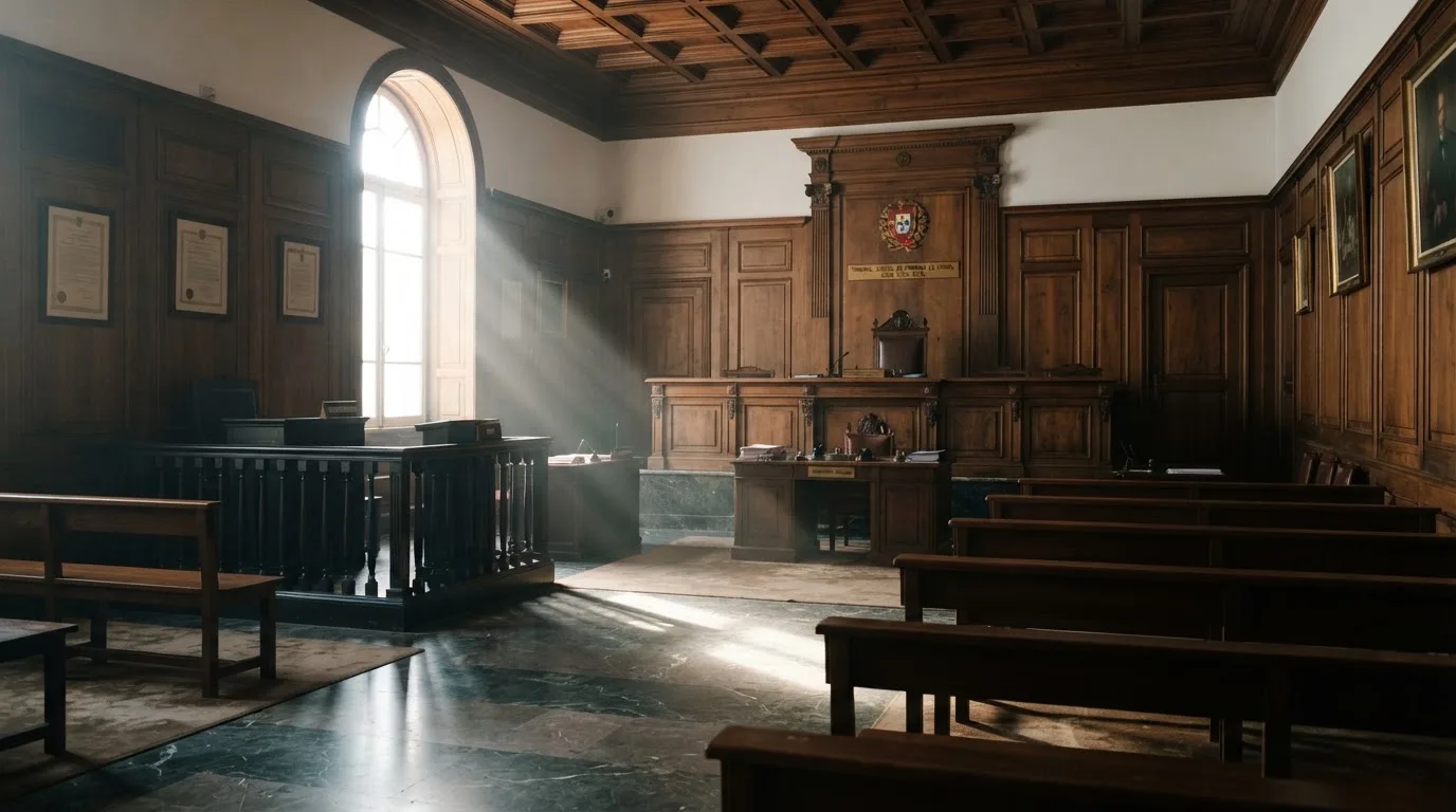 Sala de tribunal vazia com painéis de madeira, à luz da manhã — máquinas de casino em portugal