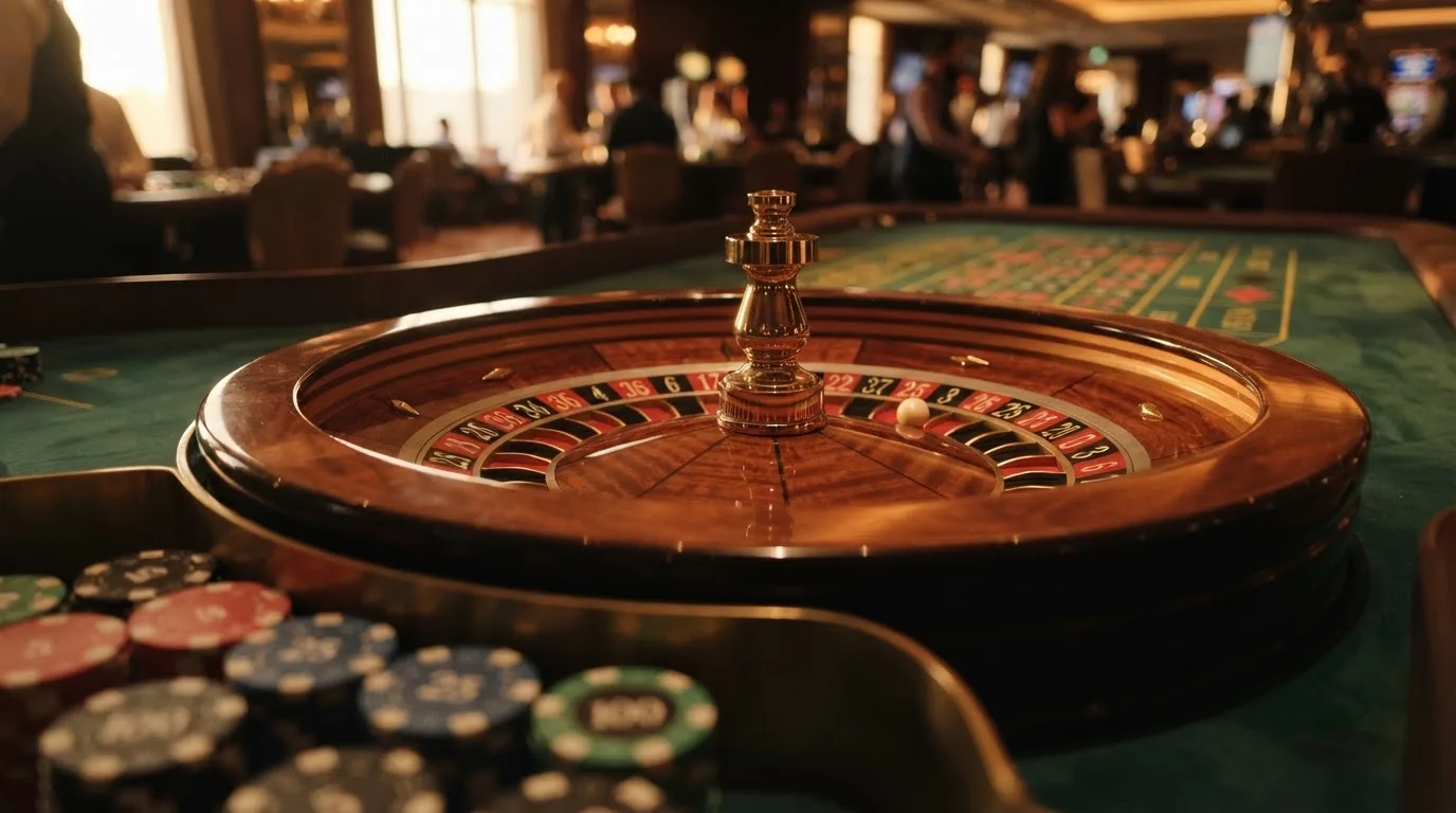 Roda de roleta e fichas sobre feltro verde, sob uma luz quente de fim de tarde — máquinas de casino em portugal