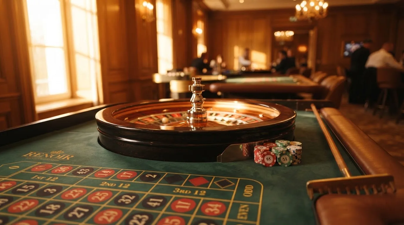 Roda de roleta e fichas sobre feltro verde, sob uma luz quente de fim de tarde — melhor blackjack em portugal