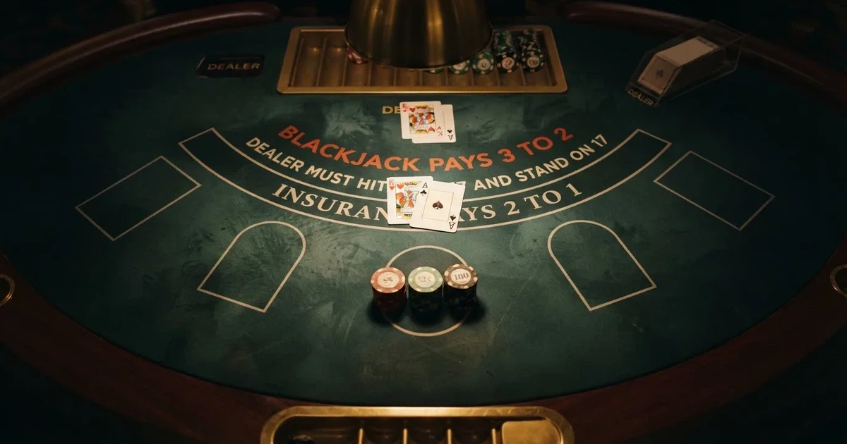 Mesa de jogo iluminada com cartas, vista de cima — melhor blackjack em portugal