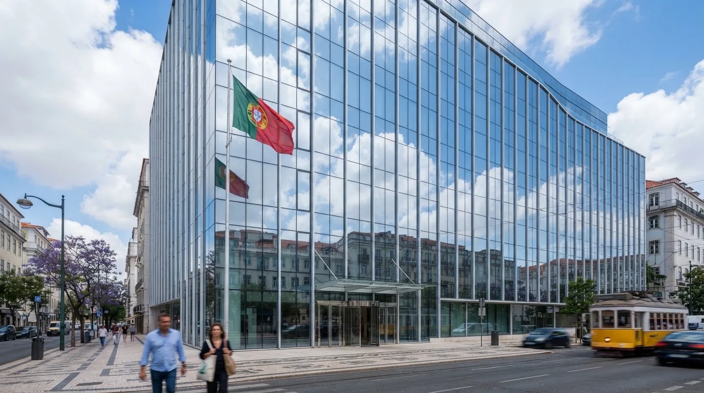 Edifício de escritórios de um organismo público em Lisboa, visto da rua, com vidros espelhados a refletir o céu e uma bandeira.