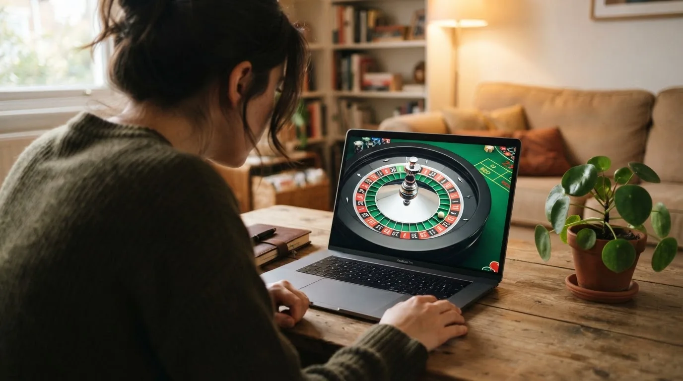 Pessoa a explorar um casino online no portátil numa mesa de sala, com bloco de notas fechado e uma planta ao lado.