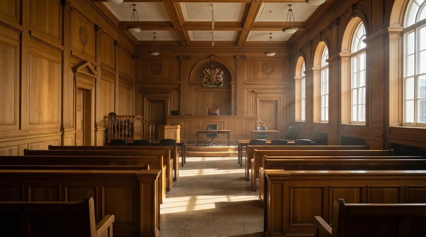 Sala de tribunal vazia com painéis de madeira, à luz da manhã — melhores cassinos em portugal