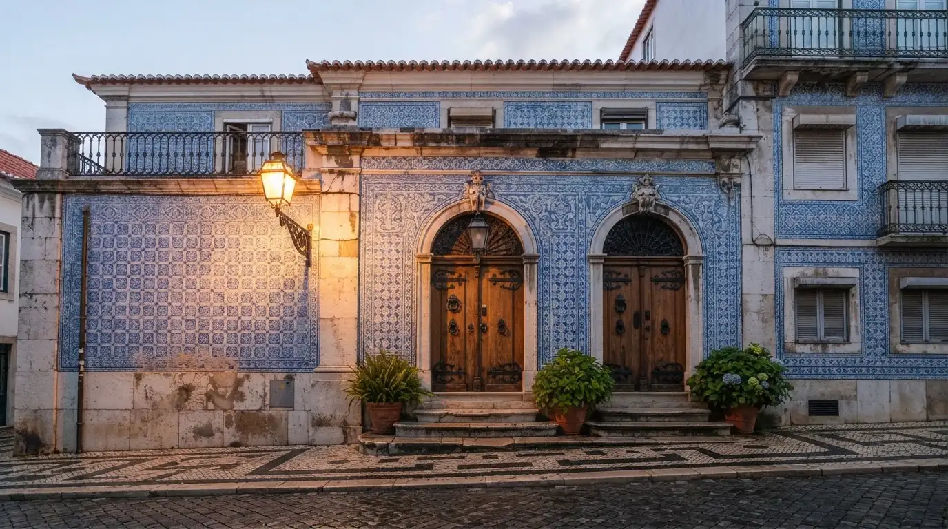 Fachada de um edifício oficial lisboeta com azulejos e portas altas, rua em calçada portuguesa e um candeeiro antigo.