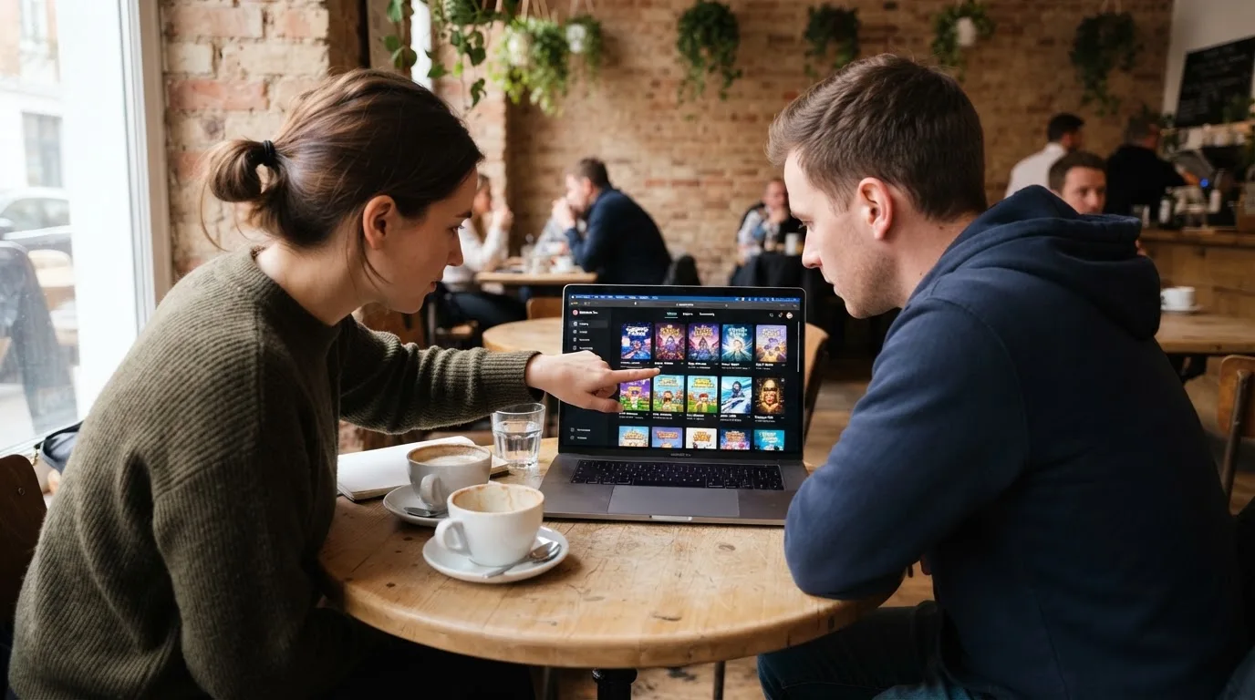 Duas pessoas a comparar opções à mesa de um café, com portátil aberto e dois cafés, luz natural de janela.