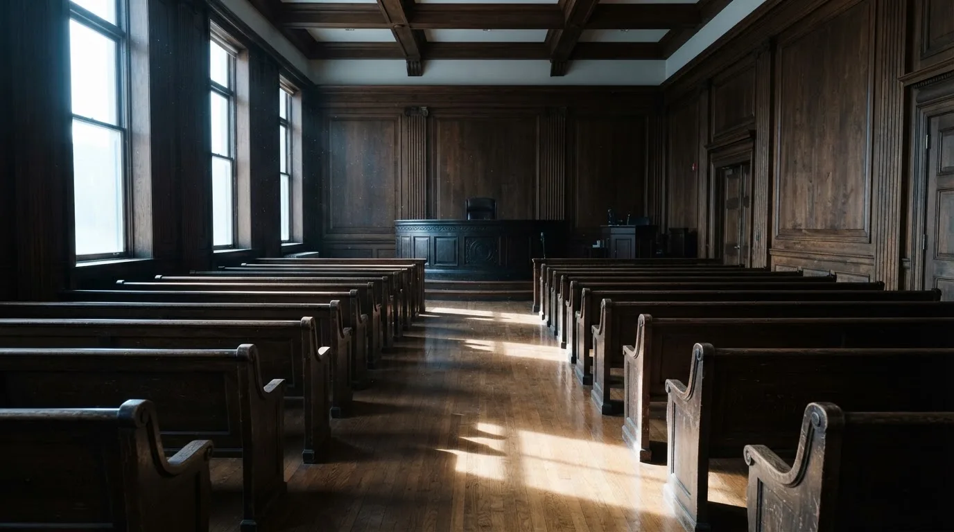Sala de tribunal vazia com painéis de madeira, à luz da manhã — mesas de casino em portugal