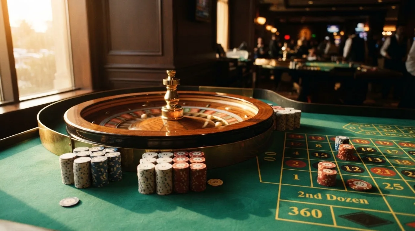 Roda de roleta e fichas sobre feltro verde, sob uma luz quente de fim de tarde — mesas de casino em portugal