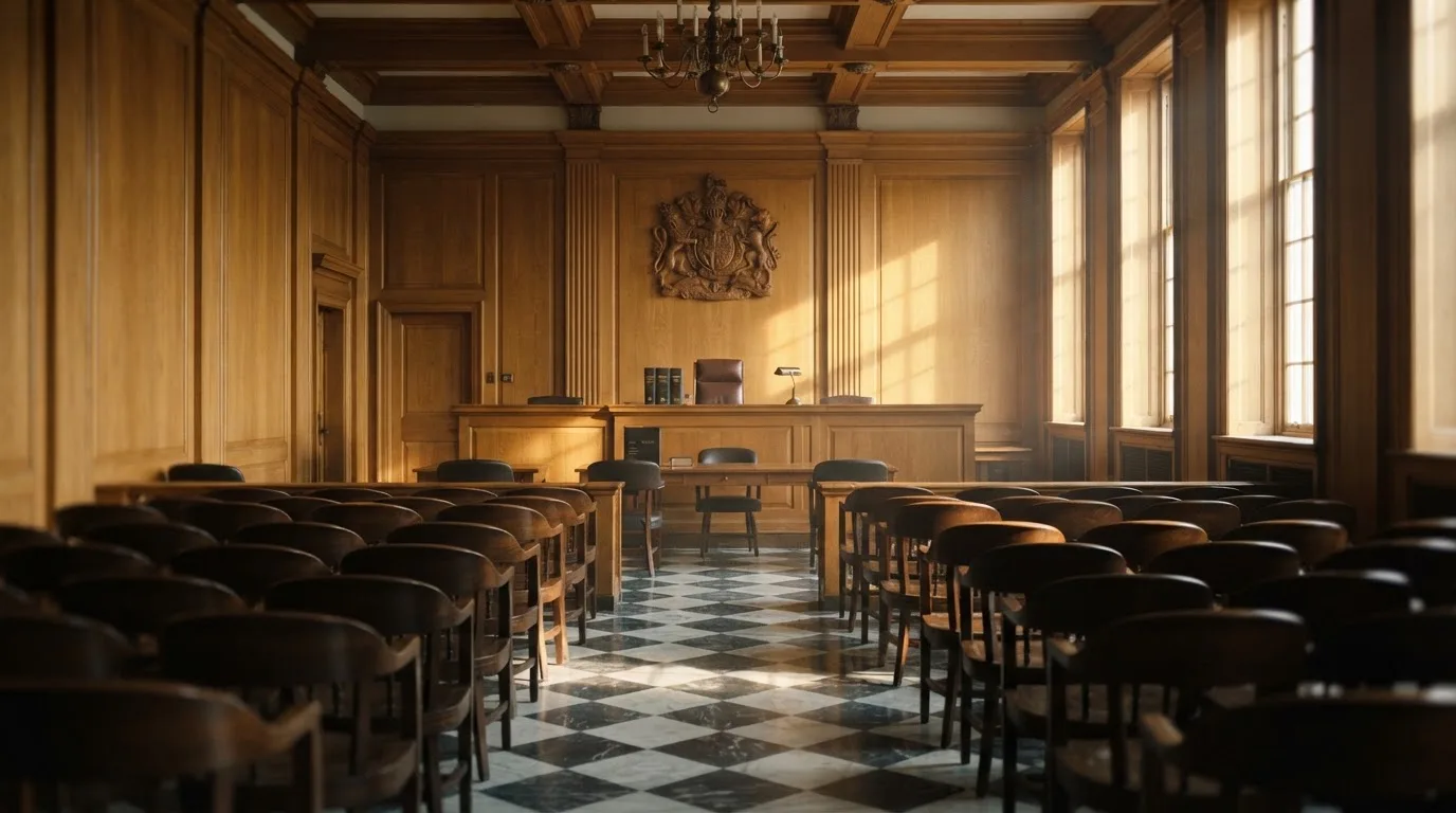 Sala de tribunal vazia com painéis de madeira, à luz da manhã — novo casino em portugal
